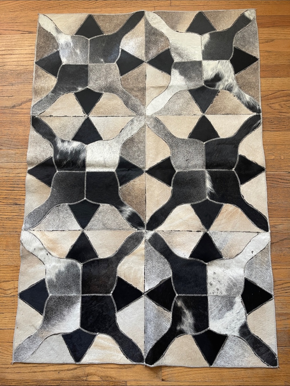 NEW Handcrafted Black & Gray and Cream Geometric Cowhide Rug -
